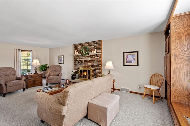 living room with a fireplace and light carpet