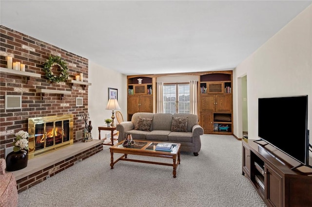 living room featuring light colored carpet and a brick fireplace