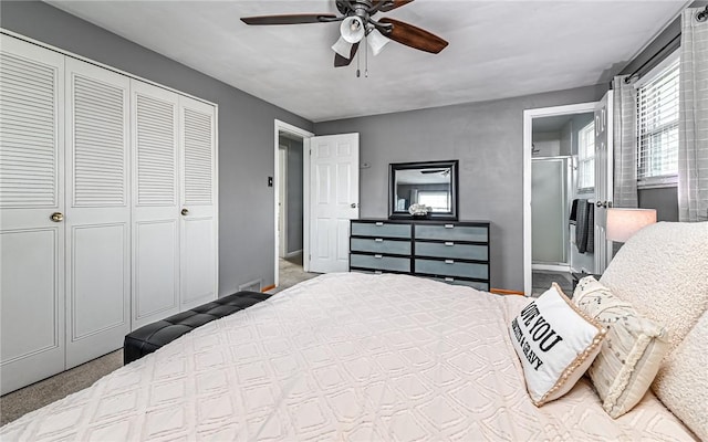 carpeted bedroom featuring ceiling fan