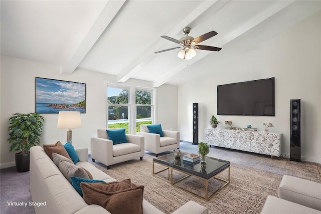 living room featuring vaulted ceiling with beams, ceiling fan, and light colored carpet