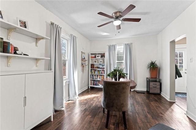 office featuring ceiling fan and dark hardwood / wood-style flooring