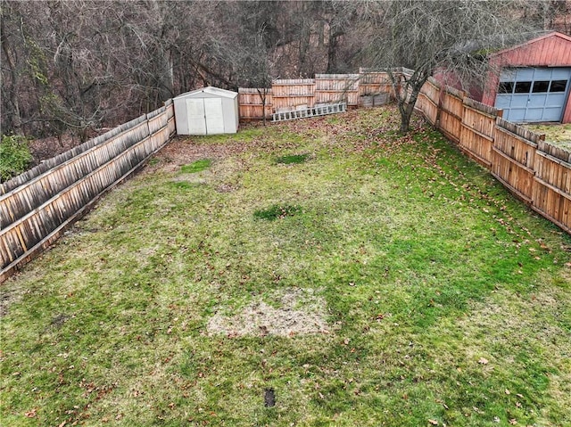 view of yard featuring a storage unit