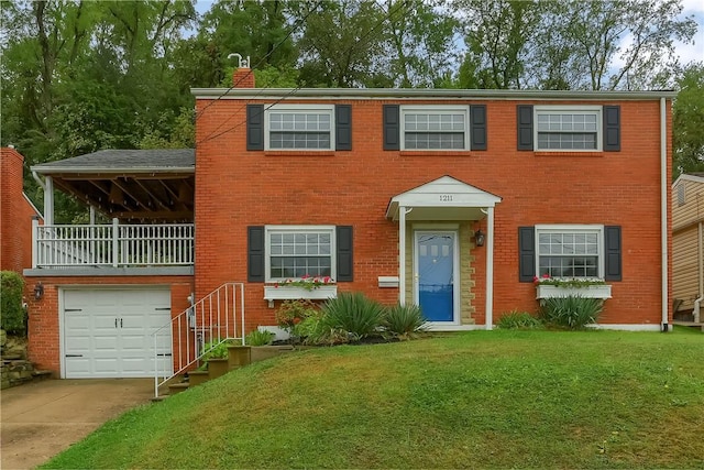 view of front facade featuring a balcony, a garage, and a front lawn