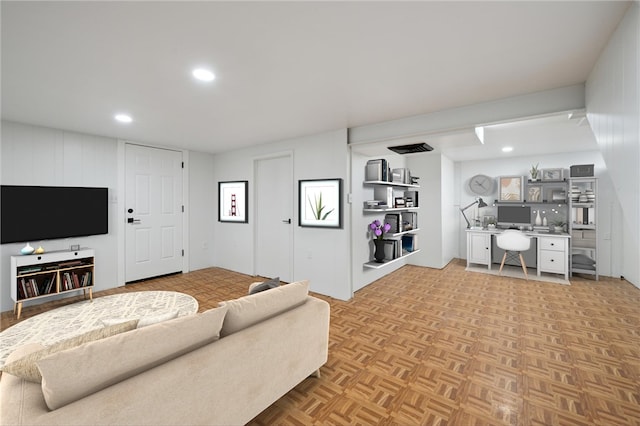 living room with light parquet floors