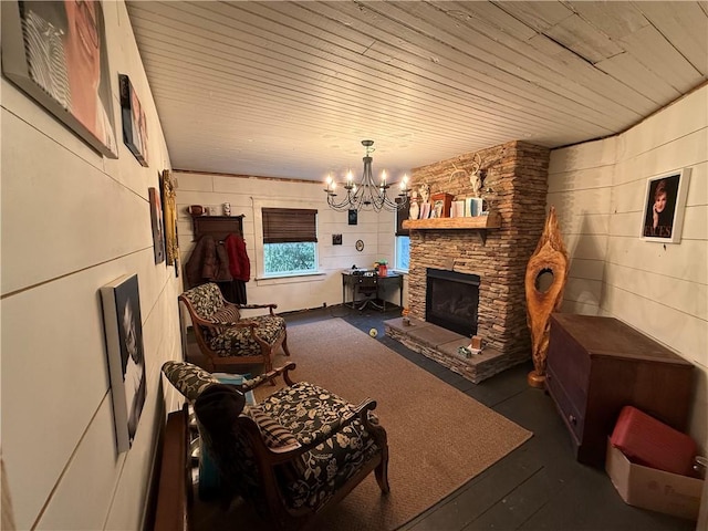 230 Gastown Rd, Plumcreek Twp, PA 15774 - living area featuring a chandelier, a stone fireplace, wooden ceiling, and wood finished floors
