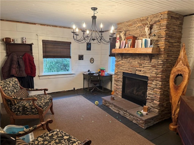 230 Gastown Rd, Plumcreek Twp, PA 15774 - living room with a chandelier, a stone fireplace, and wooden ceiling