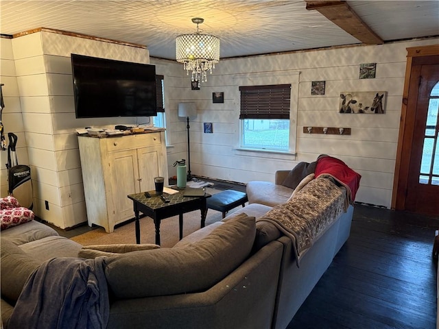 230 Gastown Rd, Plumcreek Twp, PA 15774 - living room with plenty of natural light, hardwood / wood-style floors, wooden walls, and a chandelier