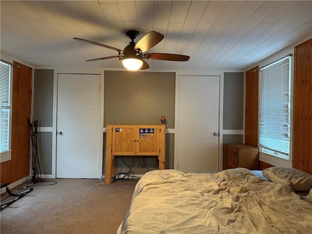 230 Gastown Rd, Plumcreek Twp, PA 15774 - bedroom featuring carpet flooring, wood walls, and ceiling fan