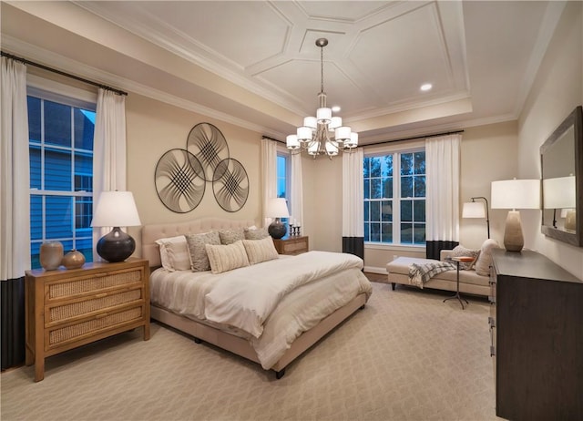 bedroom featuring crown molding, light carpet, and a notable chandelier