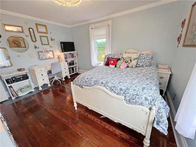 bedroom featuring ornamental molding and dark wood-type flooring