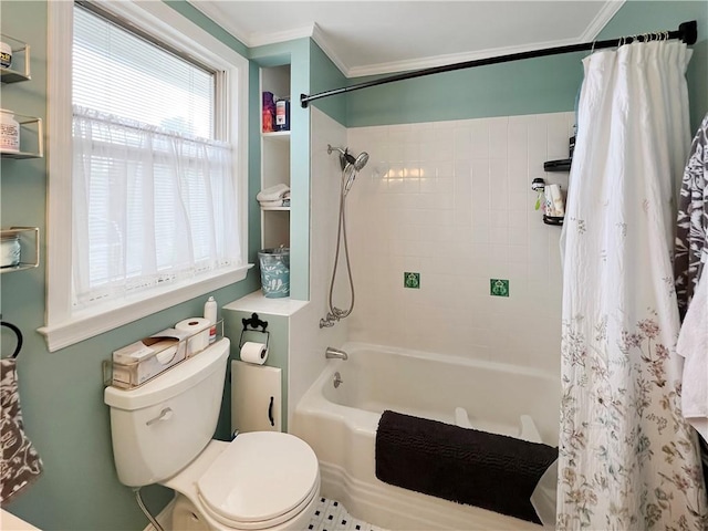 bathroom with shower / bath combo, toilet, and ornamental molding