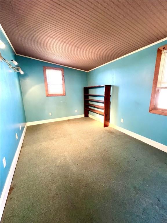 carpeted spare room with wooden ceiling and crown molding