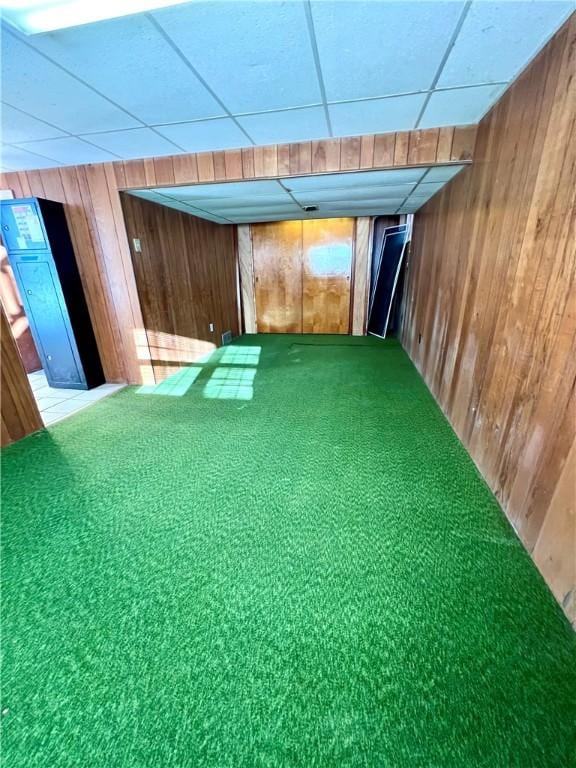 basement featuring carpet flooring and wood walls