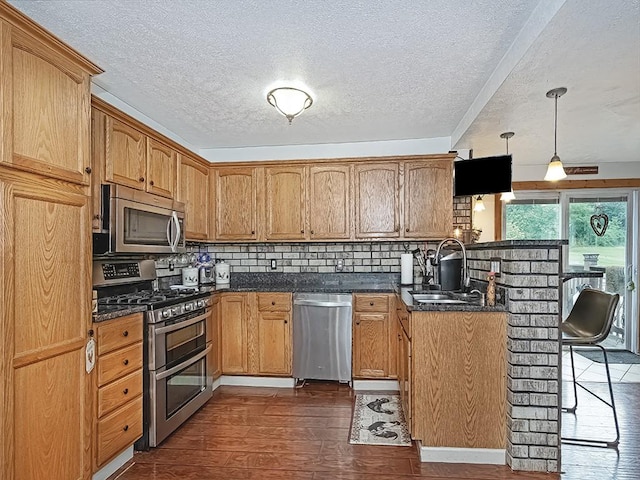 kitchen with decorative backsplash, stainless steel appliances, sink, pendant lighting, and dark hardwood / wood-style floors