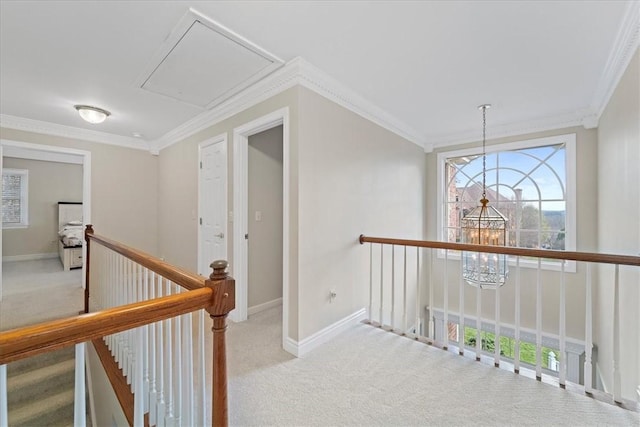 corridor with light colored carpet, an inviting chandelier, and crown molding