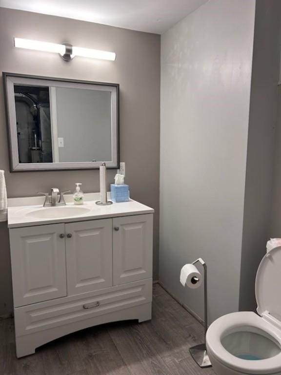 bathroom with vanity, wood-type flooring, and toilet