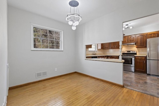 kitchen featuring light wood-type flooring, tasteful backsplash, stainless steel appliances, pendant lighting, and a chandelier