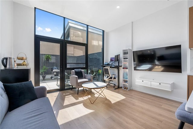 living room featuring light hardwood / wood-style flooring and a wall of windows