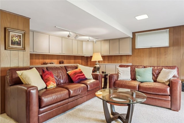 carpeted living room featuring wood walls and track lighting