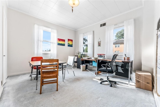 carpeted office with crown molding