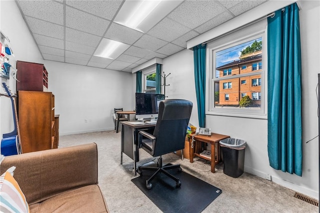 carpeted office with a paneled ceiling