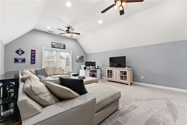 carpeted living room with lofted ceiling and ceiling fan