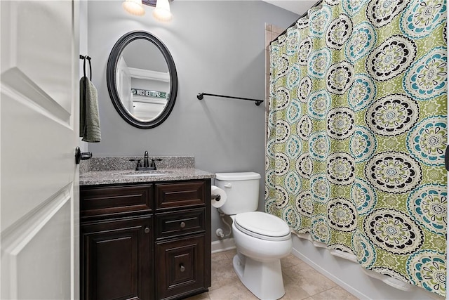 full bathroom with shower / bathtub combination with curtain, tile patterned floors, toilet, and vanity