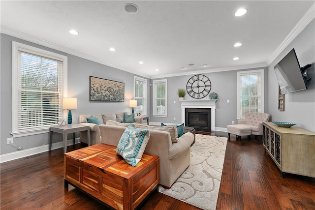 living room with a wealth of natural light, ornamental molding, and dark hardwood / wood-style floors