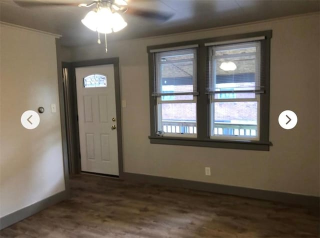 entryway featuring ceiling fan, dark hardwood / wood-style flooring, and crown molding