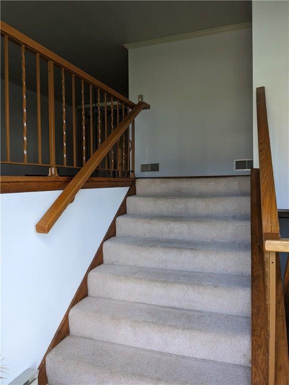 staircase featuring crown molding