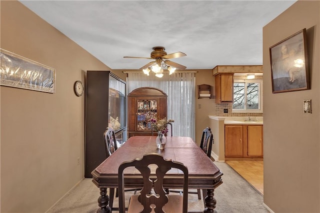 carpeted dining space with ceiling fan and sink