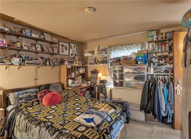 bedroom with light colored carpet