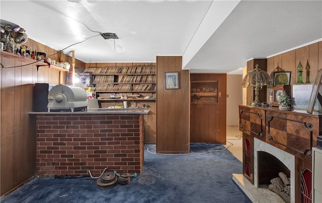 bar with stainless steel counters, dark carpet, and wooden walls