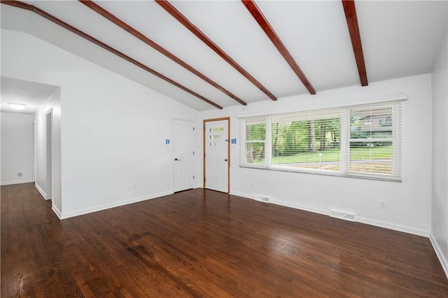 unfurnished living room featuring lofted ceiling with beams and dark wood-type flooring