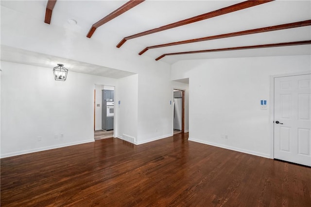 unfurnished living room with dark hardwood / wood-style flooring, lofted ceiling with beams, and an inviting chandelier