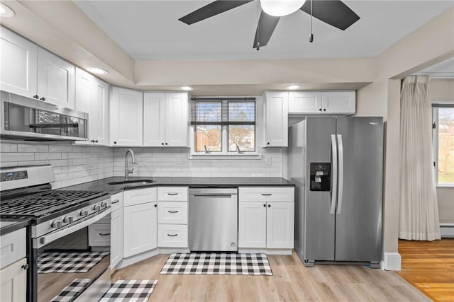 kitchen featuring decorative backsplash, appliances with stainless steel finishes, sink, light hardwood / wood-style floors, and white cabinetry