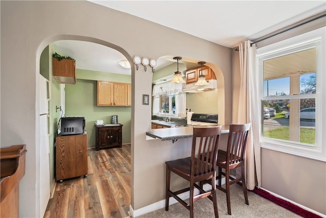 kitchen with sink, decorative light fixtures, hardwood / wood-style flooring, black range, and a breakfast bar area