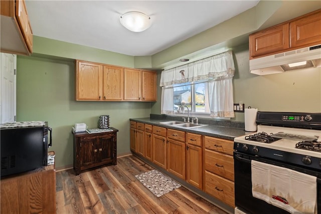 kitchen featuring dark hardwood / wood-style flooring, sink, and gas range gas stove