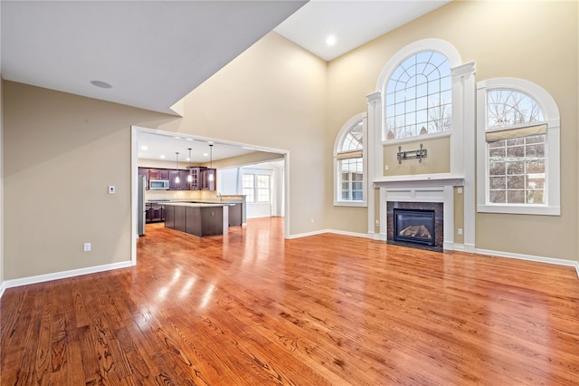 unfurnished living room with wood-type flooring, plenty of natural light, and a high ceiling