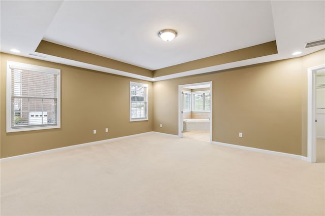 unfurnished room with light colored carpet and a tray ceiling