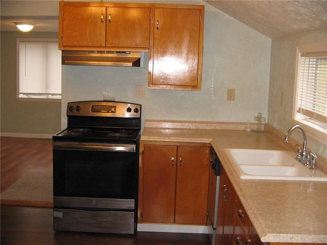 kitchen with extractor fan, sink, appliances with stainless steel finishes, and dark wood-type flooring