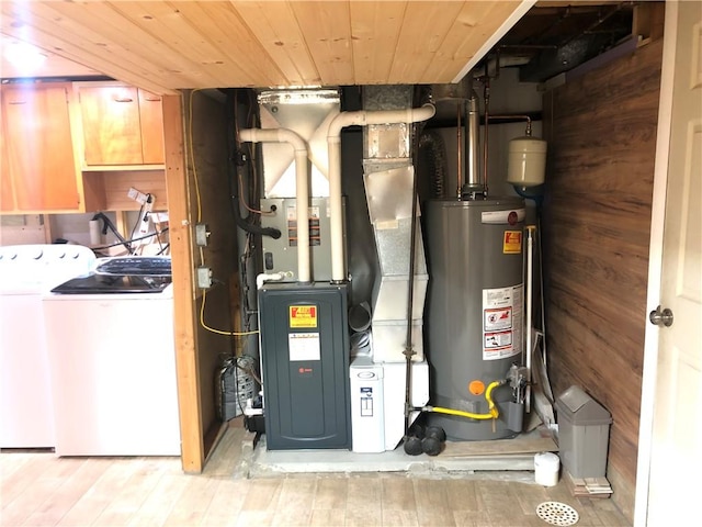 utilities with heating unit, washing machine and clothes dryer, and water heater