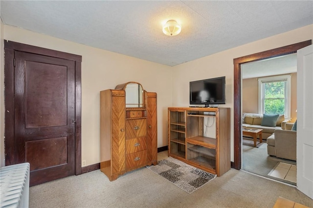 bedroom featuring radiator heating unit and light colored carpet