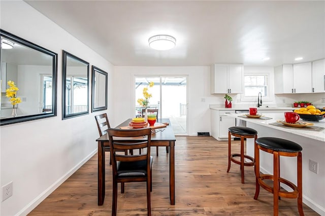 dining space with sink and dark wood-type flooring