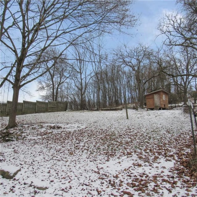 yard layered in snow with a shed