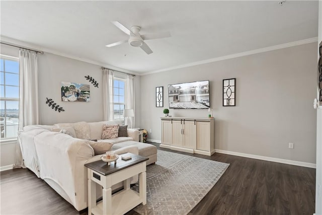 living room with dark hardwood / wood-style flooring, ceiling fan, and crown molding