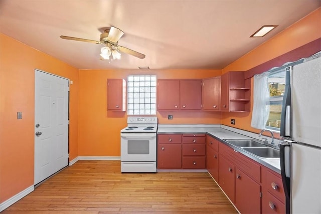 kitchen featuring ceiling fan, sink, white electric stove, stainless steel fridge, and light wood-type flooring