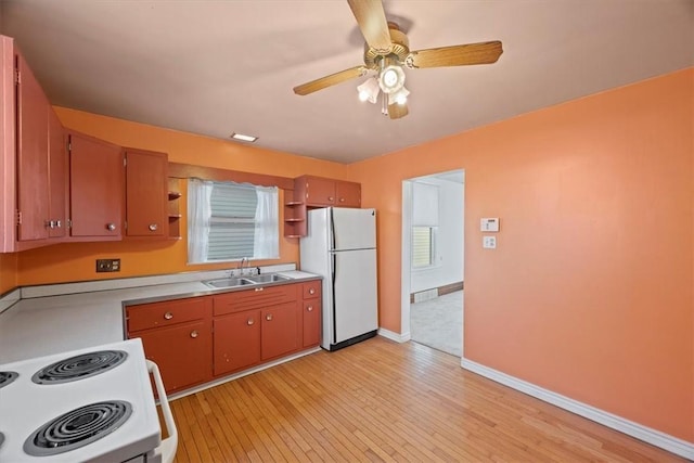 kitchen with ceiling fan, sink, range with electric stovetop, white fridge, and light hardwood / wood-style floors