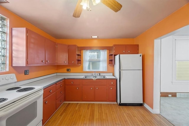 kitchen featuring ceiling fan, sink, white appliances, and light hardwood / wood-style flooring