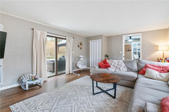 living room featuring ceiling fan and wood-type flooring